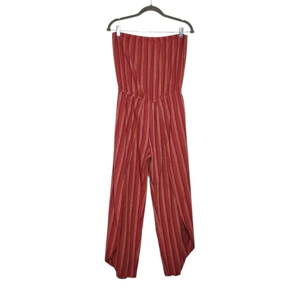 DREW Pants - Drew Red and Pink Stripe Linen Boho Strapless Jumpsuit with Slit Legs Size Small